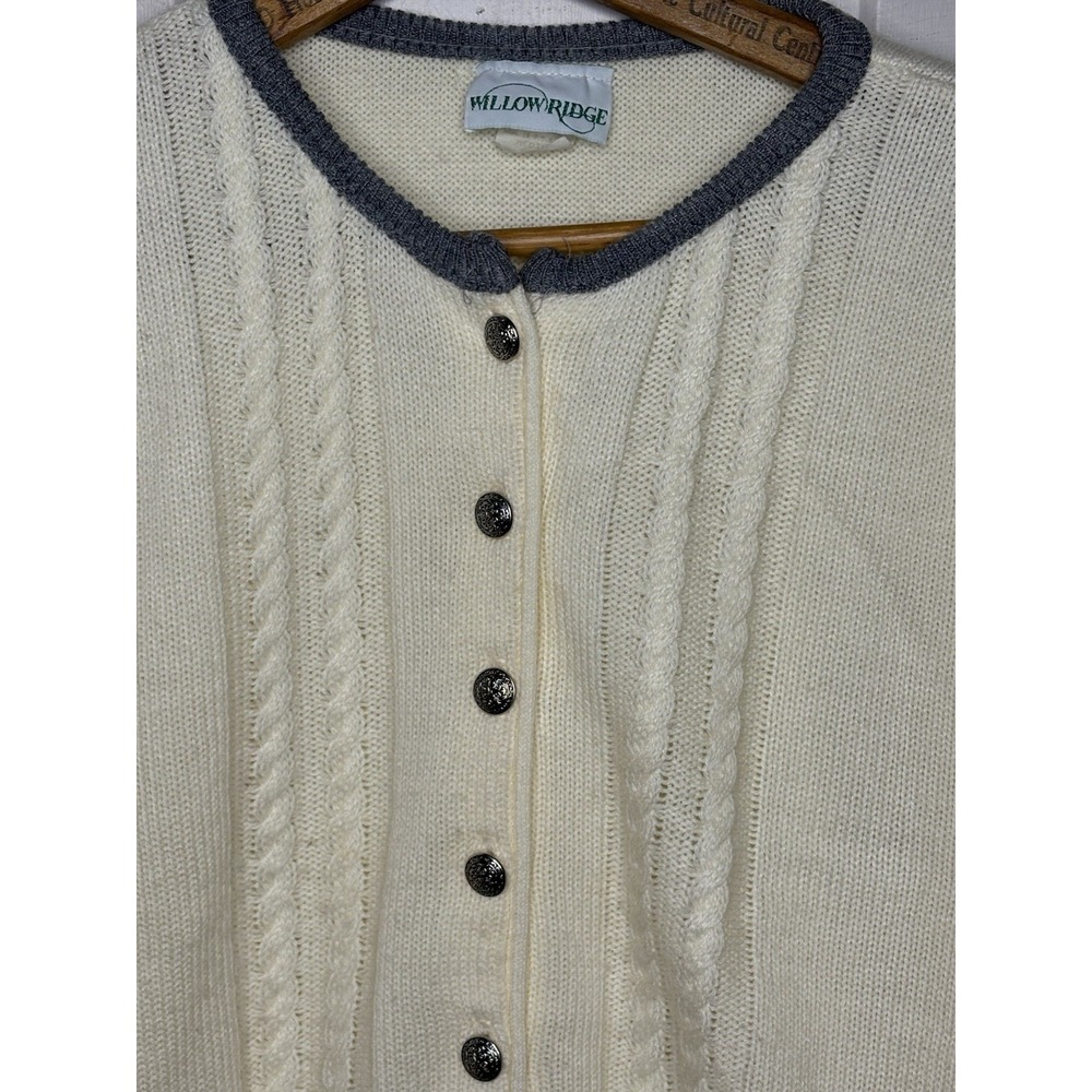 Vtg Women's M Cardigan Sweater Ivory Silver Buttons Gray Detail Short USA Cable - Picture 2 of 8